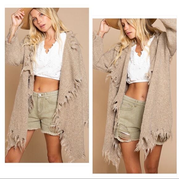 WOOL Blend Cardigan with distressed hemline in Taupe - Picture 1 of 11